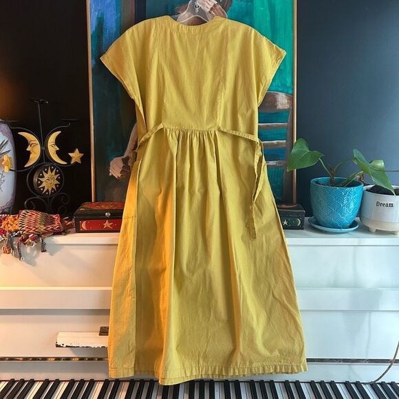 Vintage Boho Prairie Yellow Mustard Midi Dress with Fruit Healthy Life Logo M - Picture 10 of 16